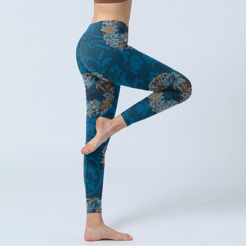 Leggings sportivi con stampa di fiori blu scuro Buddha Stones In Bloom, pantaloni da yoga da donna - image 3