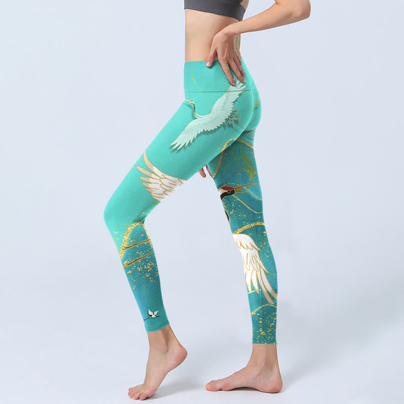Leggings fitness con stampa di gru di montagna verde menta Buddha Stones Pantaloni da yoga da donna - image 3