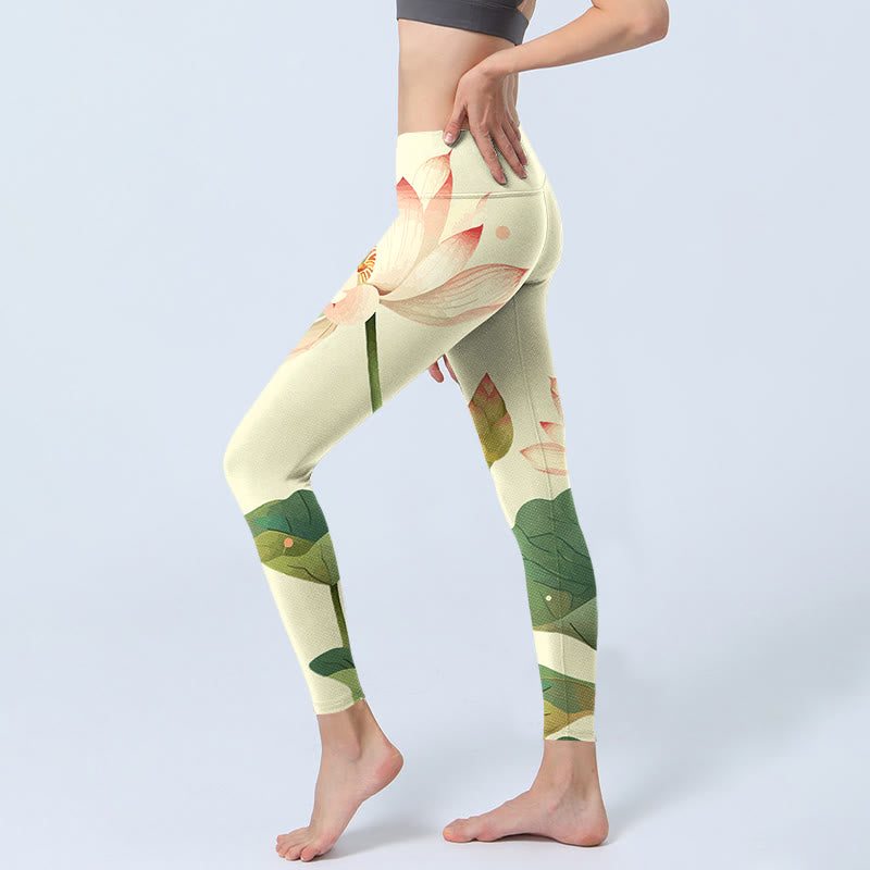 Leggings fitness con stampa di fiori di Buddha Stones , foglie e libellule, pantaloni da yoga da donna - image 3