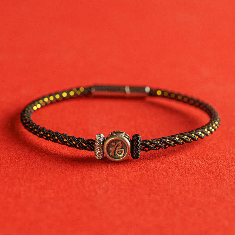 Braccialetto della fede con carattere Fu in argento sterling 925 Buddha Stones intrecciate - Nero - 19 centimetri - image 8