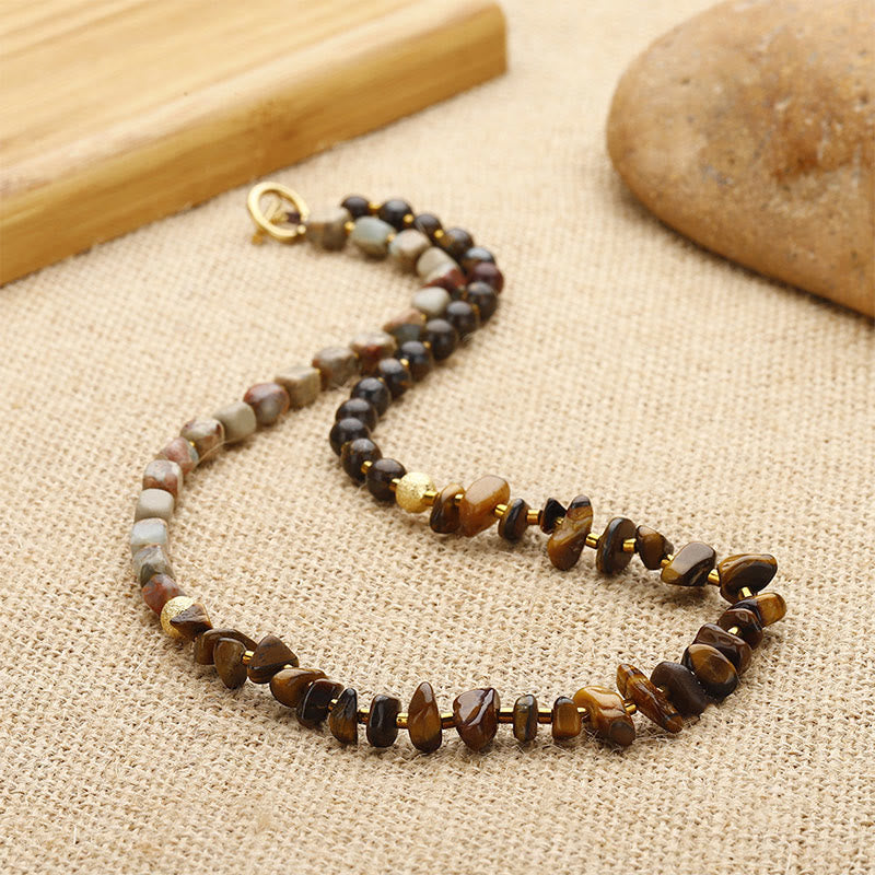 Buddha Stones Bronzite Pietra dell'Imperatore Occhio di Tigre Determinazione Bracciale Triplo Avvolgimento