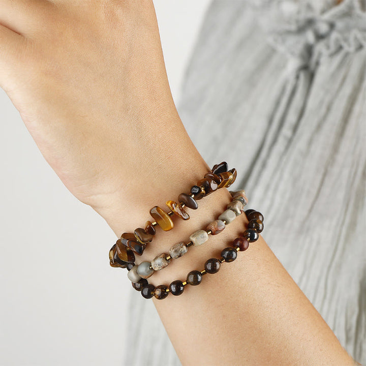 Buddha Stones Bronzite Pietra dell'Imperatore Occhio di Tigre Determinazione Bracciale Triplo Avvolgimento