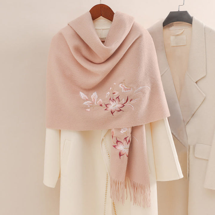 Scialle di lana con Buddha Stones , rosa, bianco, con ricamo a forma di fiore, con nappa, invernale, comodo, da viaggio - image 0