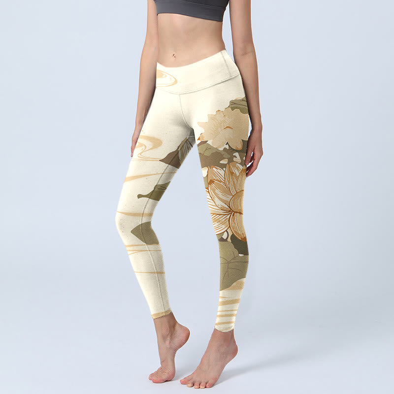 Leggings da palestra con stampa di fiori di loto beige Buddha Stones, pantaloni da yoga da donna - Beige - US18, UK/AU22, EU50 (4XL) - image 0