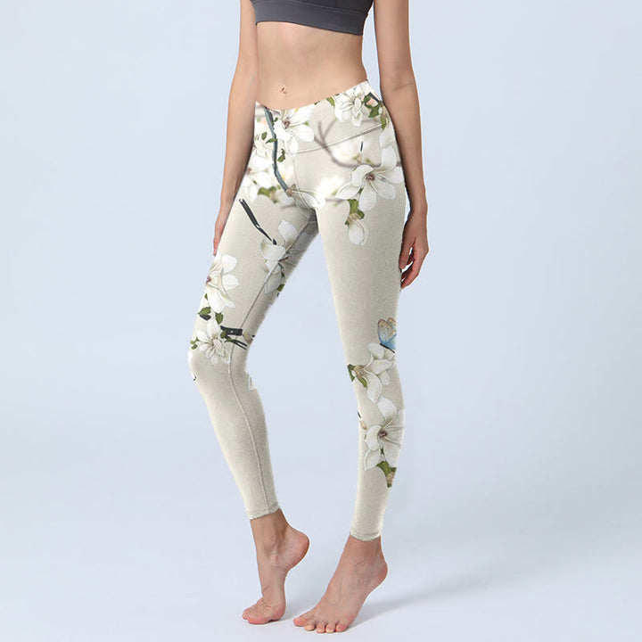 Leggings sportivi da fitness con stampa di fiori di magnolia bianca Buddha Stones Pantaloni da yoga da donna - Biancheria - US18, UK/AU22, EU50 (4XL) - image 0