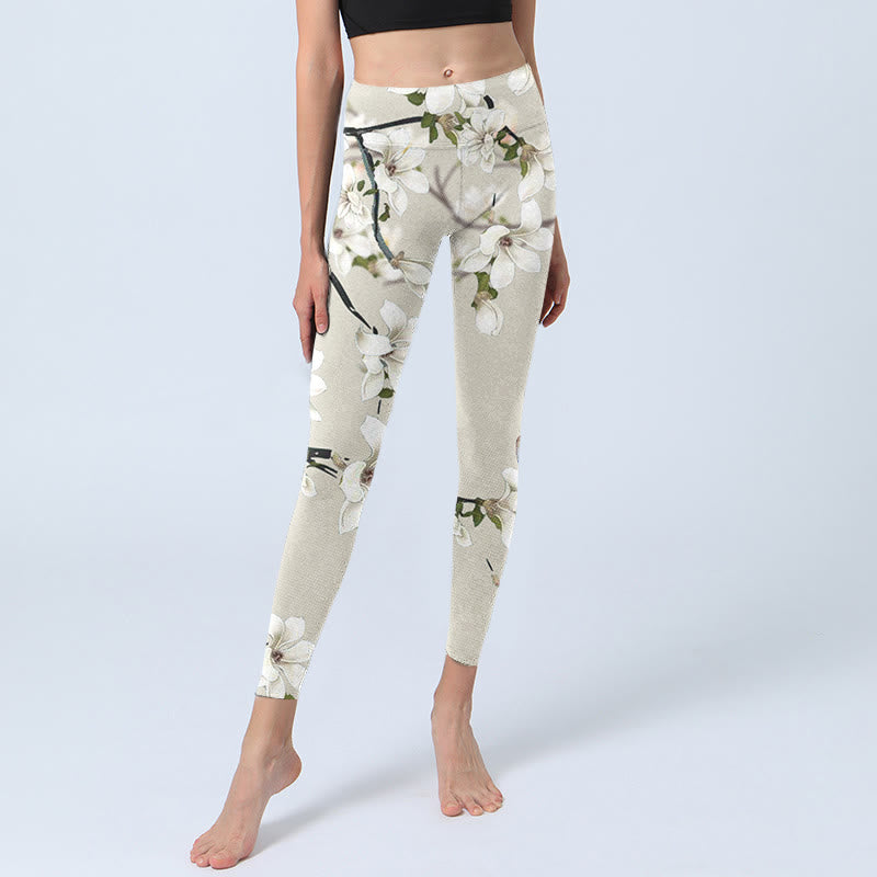Leggings sportivi da fitness con stampa di fiori di magnolia bianca Buddha Stones Pantaloni da yoga da donna - image 5