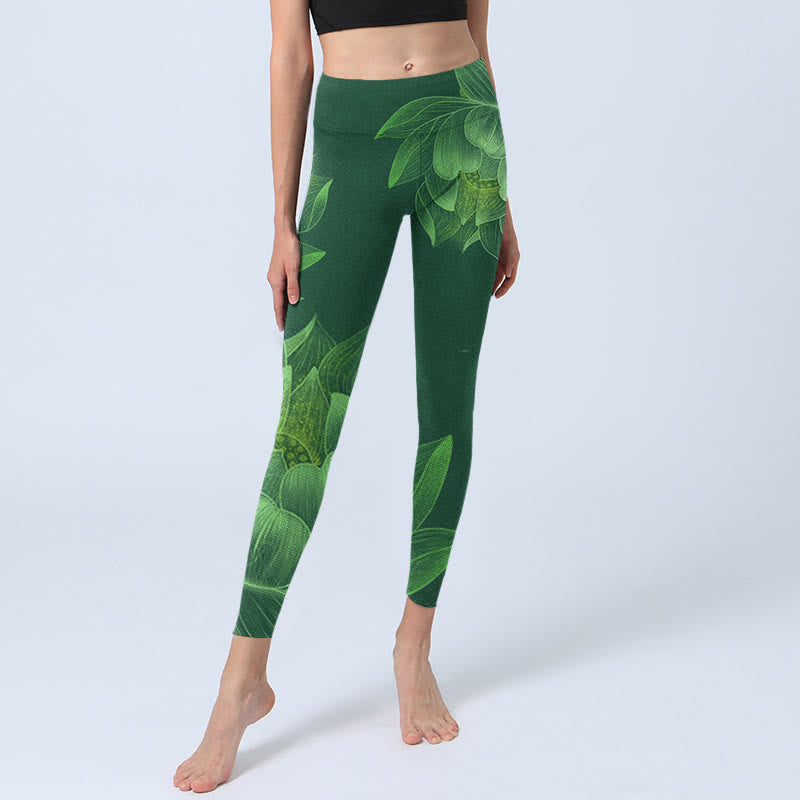 Leggings da palestra fitness con stampa di foglie di fiore di loto verde scuro Buddha Stones Pantaloni da yoga da donna - image 6