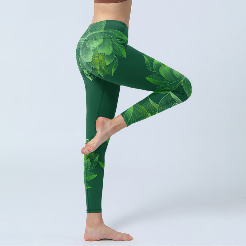 Leggings da palestra fitness con stampa di foglie di fiore di loto verde scuro Buddha Stones Pantaloni da yoga da donna - image 4