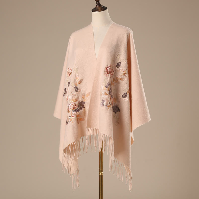 Scialle di lana con Buddha Stones, fiori bianchi e rosa, foglie dorate, ricamo con nappa, sciarpa da viaggio invernale e accogliente - image 1