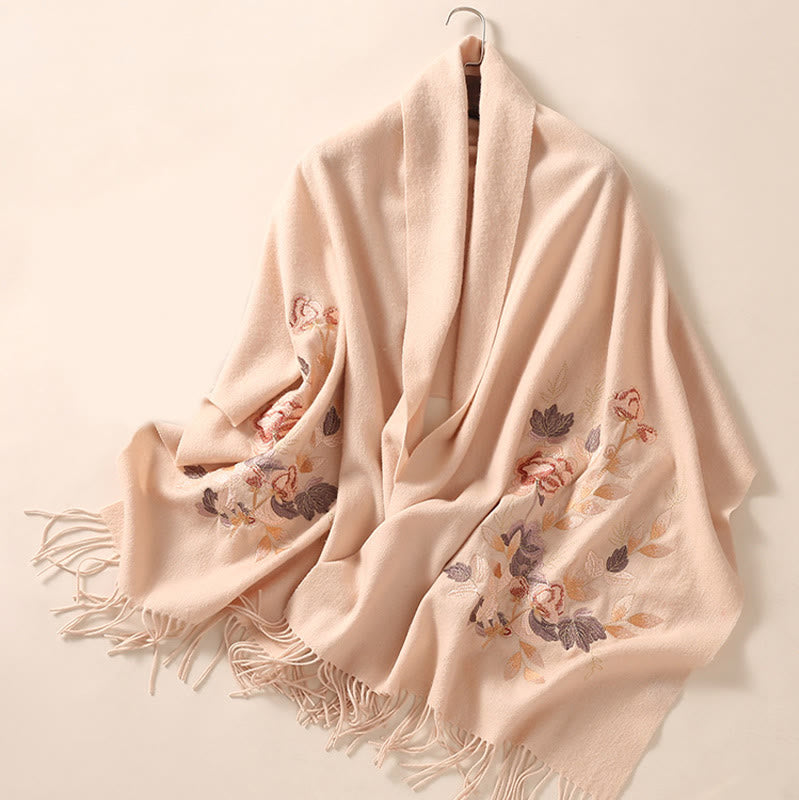 Scialle di lana con Buddha Stones, fiori bianchi e rosa, foglie dorate, ricamo con nappa, sciarpa da viaggio invernale e accogliente - image 2