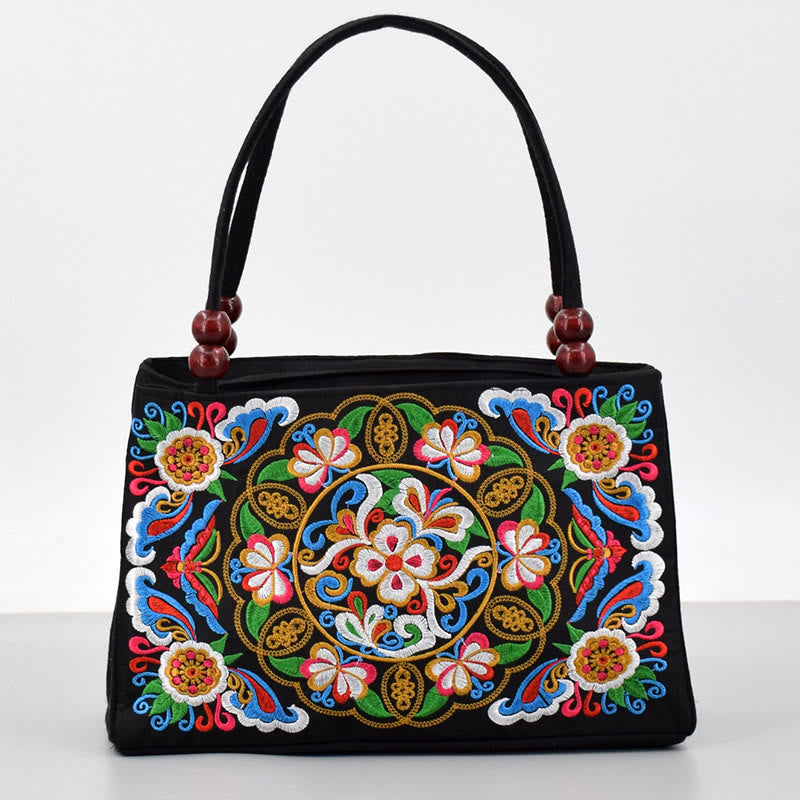 Buddha Stones Galsang Inula Fiore Peonia Pavone Ricamo Fronte-Retro Tela Borsa per la Spesa Borsa a Mano