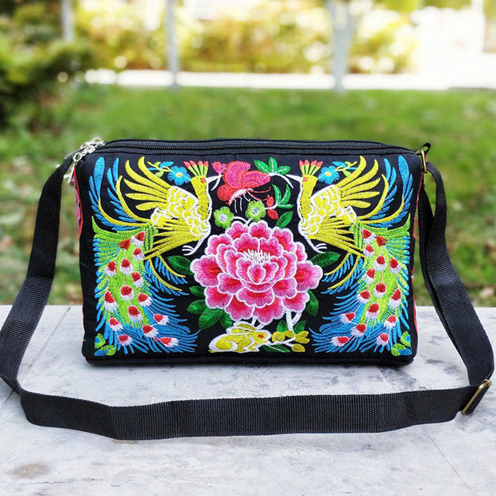 Buddha Stones Galsang Inula Fiore Peonia Pavone Ricamo Fronte-Retro Tela Borsa Shopping Borsa A Tracolla