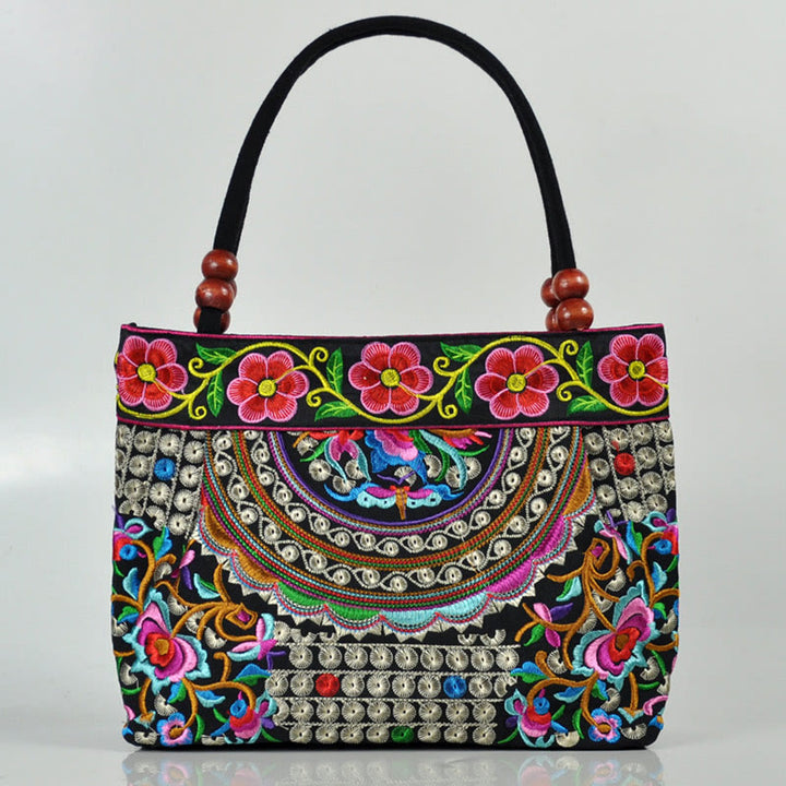 Buddha Stones Money Tree Peony Phoenix Apple Blossom Borsa a mano in tela di cotone con ricamo bifacciale