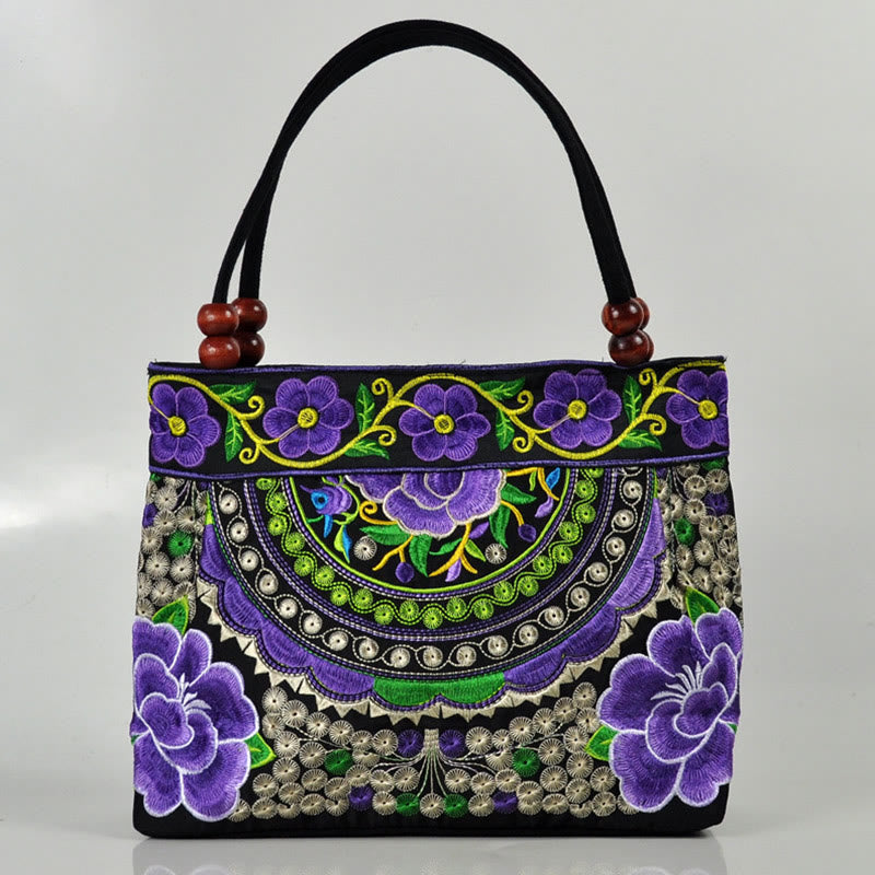 Buddha Stones Money Tree Peony Phoenix Apple Blossom Borsa a mano in tela di cotone con ricamo bifacciale