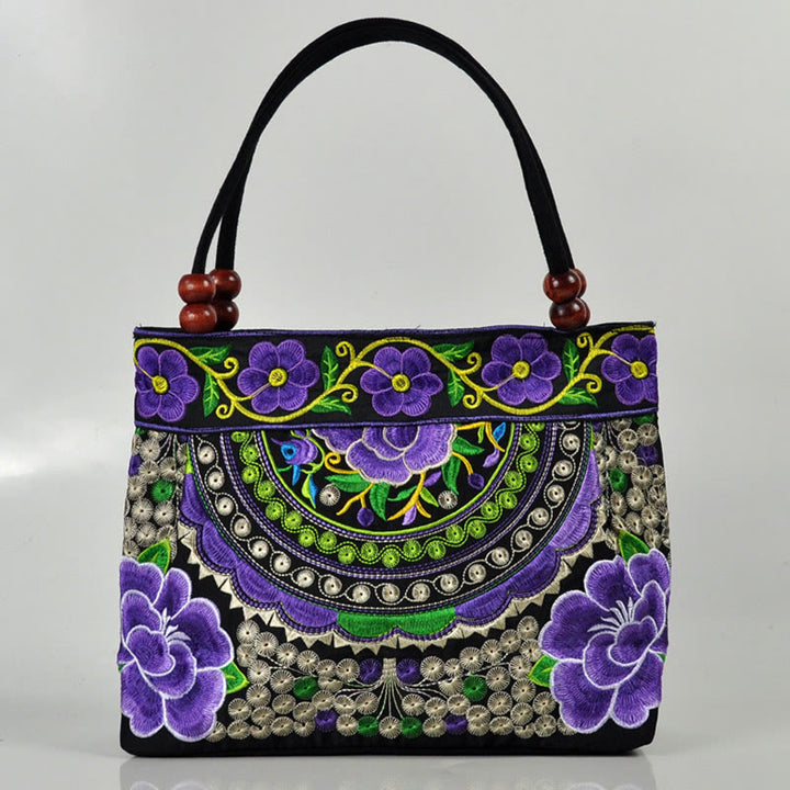Buddha Stones Money Tree Peony Phoenix Apple Blossom Borsa a mano in tela di cotone con ricamo bifacciale