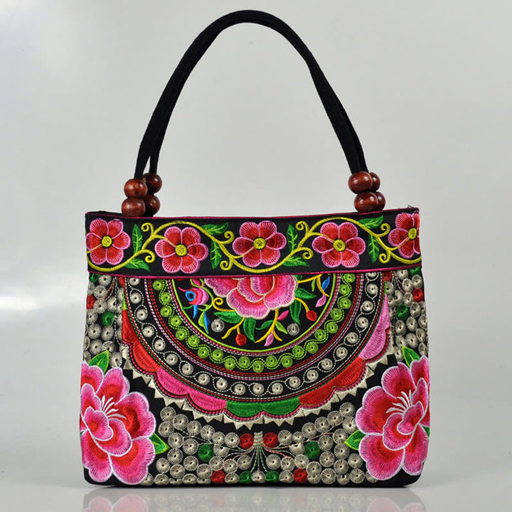 Buddha Stones Money Tree Peony Phoenix Apple Blossom Borsa a mano in tela di cotone con ricamo bifacciale