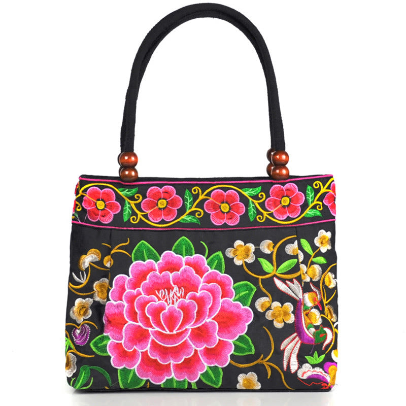 Buddha Stones Money Tree Peony Phoenix Apple Blossom Borsa a mano in tela di cotone con ricamo bifacciale