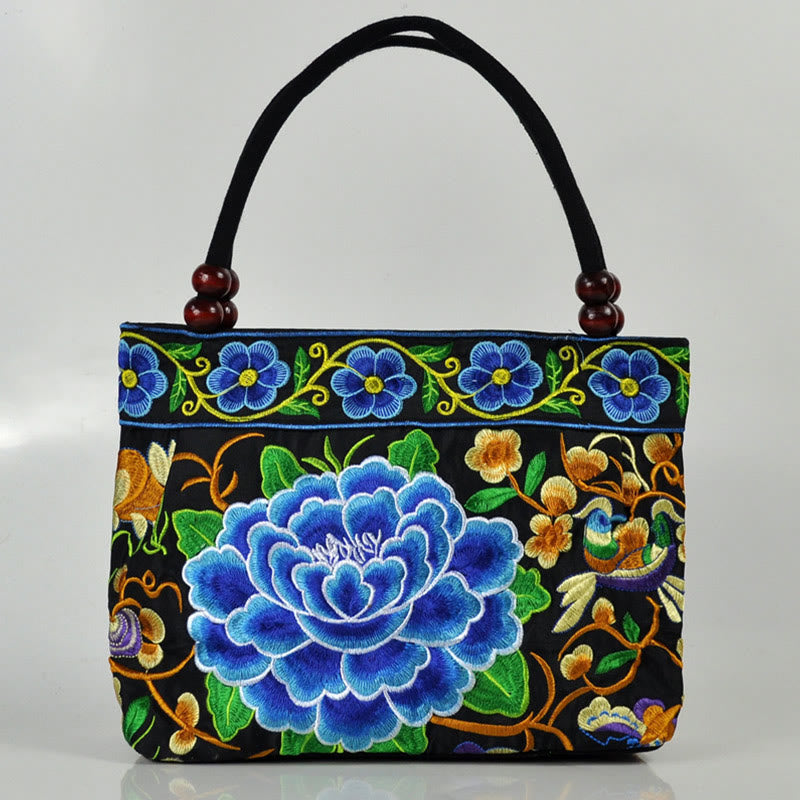 Buddha Stones Money Tree Peony Phoenix Apple Blossom Borsa a mano in tela di cotone con ricamo bifacciale