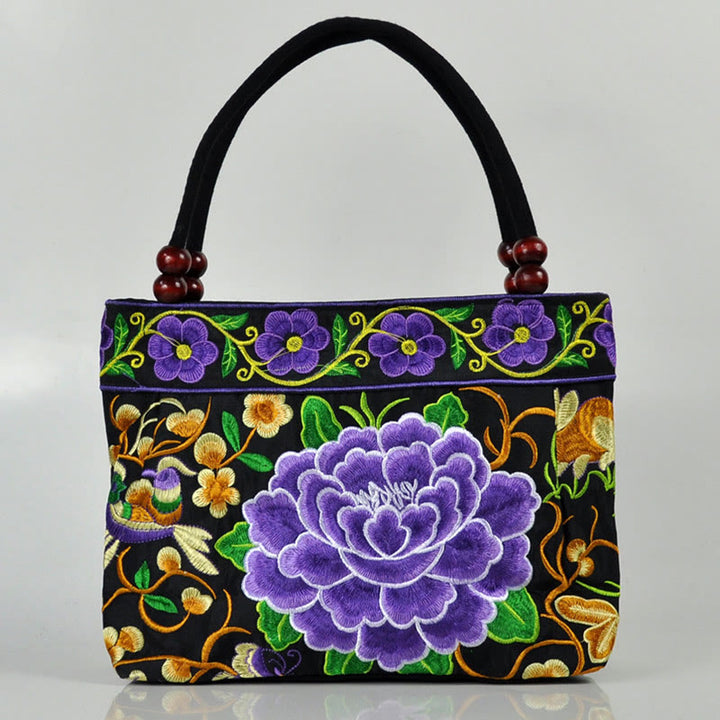 Buddha Stones Money Tree Peony Phoenix Apple Blossom Borsa a mano in tela di cotone con ricamo bifacciale