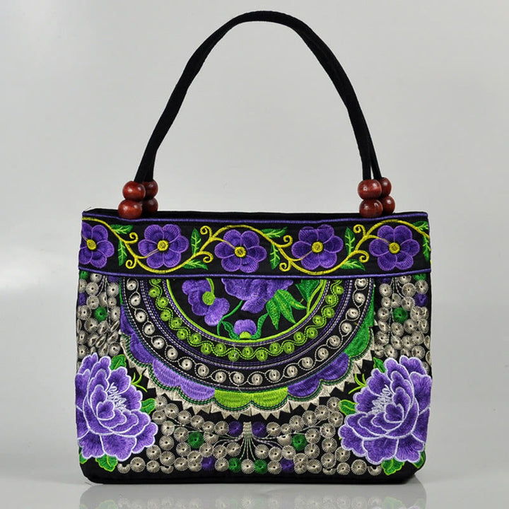 Buddha Stones Money Tree Peony Phoenix Apple Blossom Borsa a mano in tela di cotone con ricamo bifacciale
