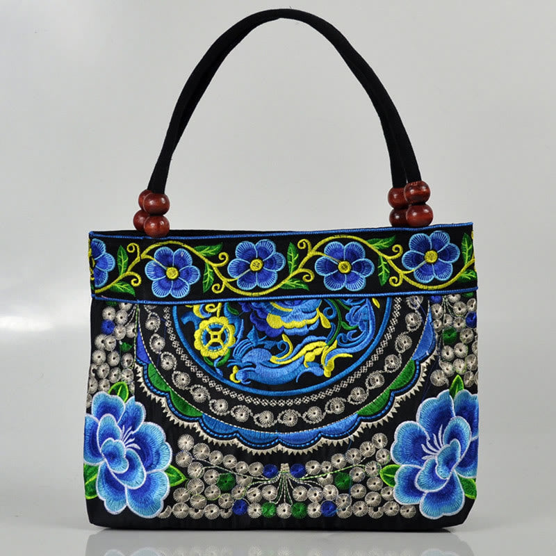 Buddha Stones Money Tree Peony Phoenix Apple Blossom Borsa a mano in tela di cotone con ricamo bifacciale