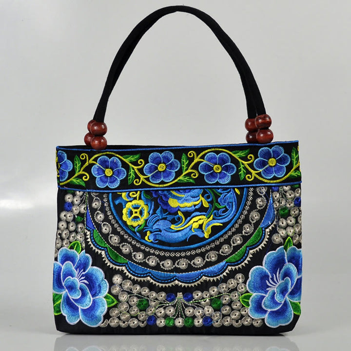 Buddha Stones Money Tree Peony Phoenix Apple Blossom Borsa a mano in tela di cotone con ricamo bifacciale