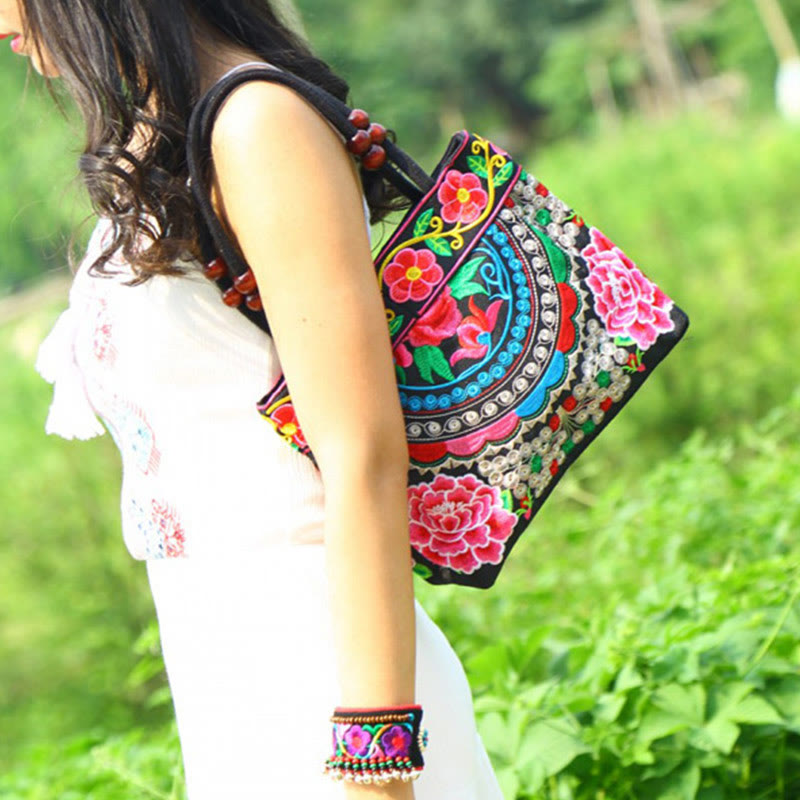 Buddha Stones Money Tree Peony Phoenix Apple Blossom Borsa a mano in tela di cotone con ricamo bifacciale