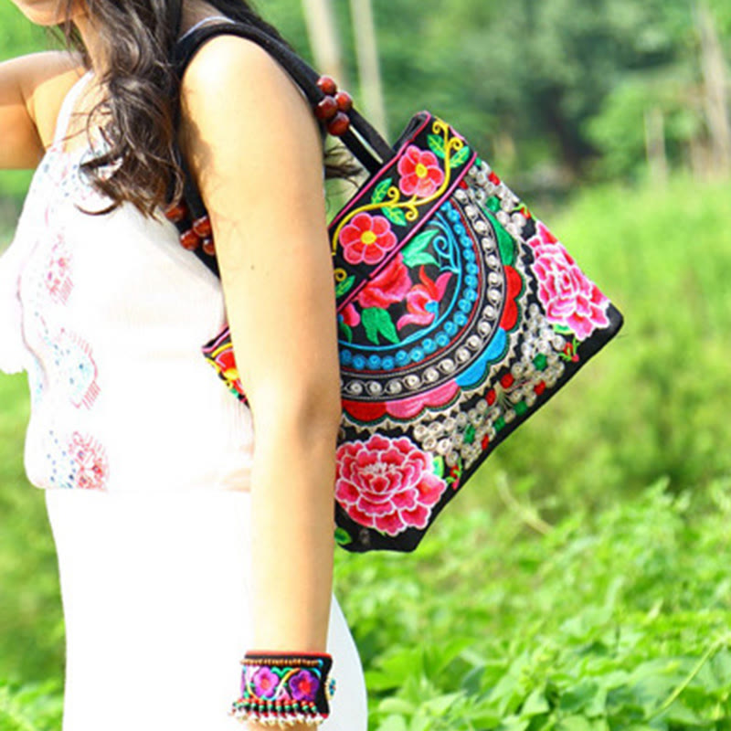 Buddha Stones Money Tree Peony Phoenix Apple Blossom Borsa a mano in tela di cotone con ricamo bifacciale