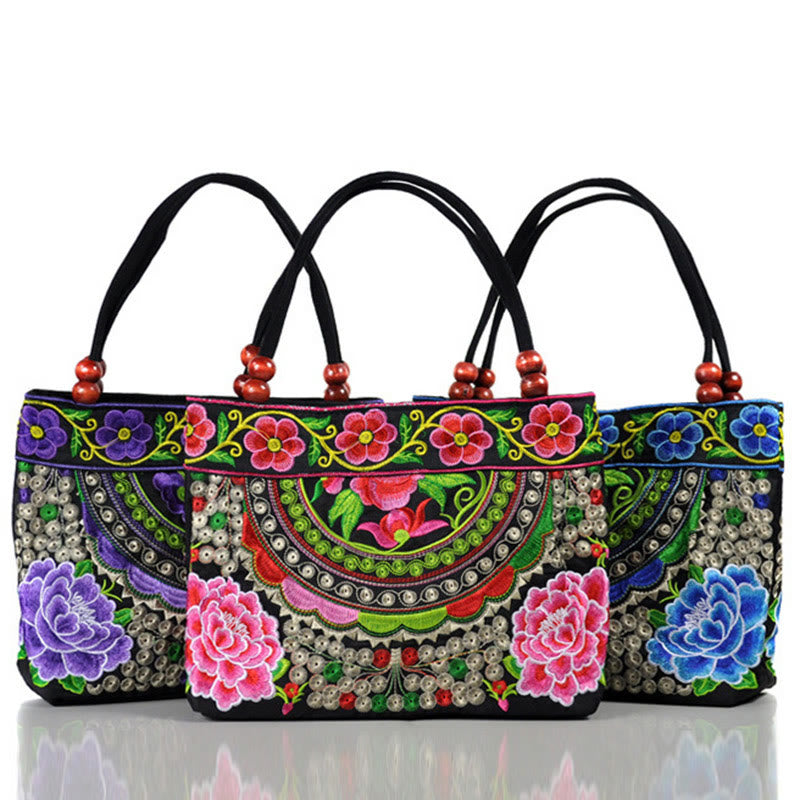 Buddha Stones Money Tree Peony Phoenix Apple Blossom Borsa a mano in tela di cotone con ricamo bifacciale