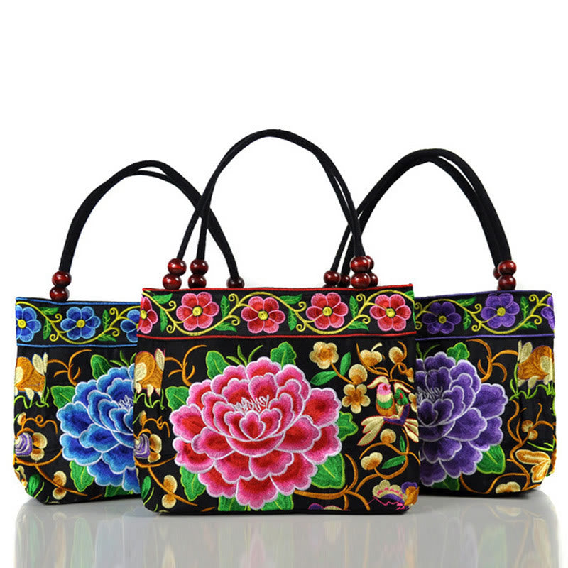 Buddha Stones Money Tree Peony Phoenix Apple Blossom Borsa a mano in tela di cotone con ricamo bifacciale