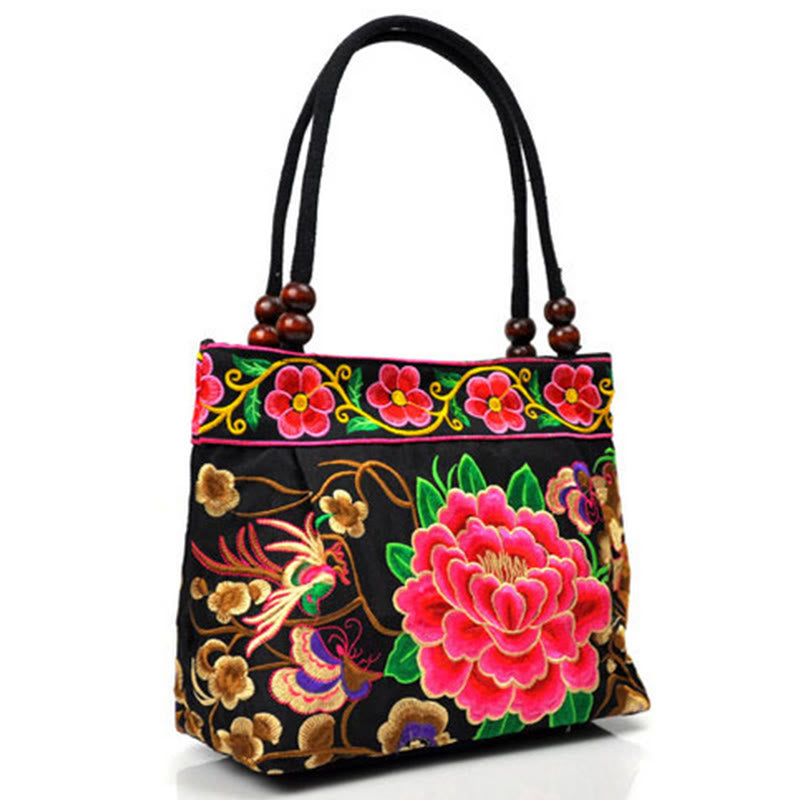 Buddha Stones Money Tree Peony Phoenix Apple Blossom Borsa a mano in tela di cotone con ricamo bifacciale