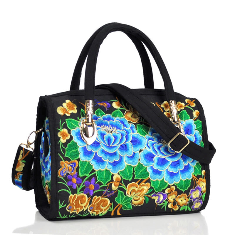 Buddha Stones Money Tree Peonia Camelia Ricamo bifacciale Borsa a mano Borsa a tracolla in tela