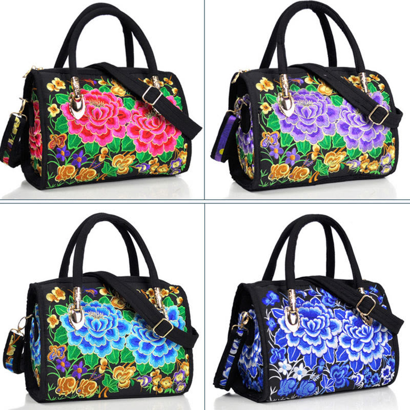 Buddha Stones Money Tree Peonia Camelia Ricamo bifacciale Borsa a mano Borsa a tracolla in tela