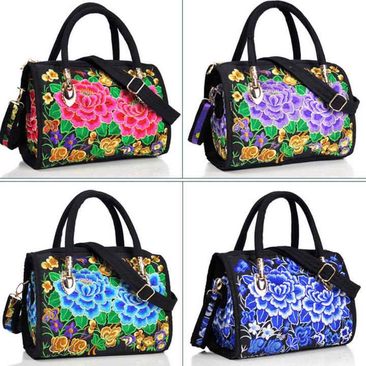 Buddha Stones Money Tree Peonia Camelia Ricamo bifacciale Borsa a mano Borsa a tracolla in tela