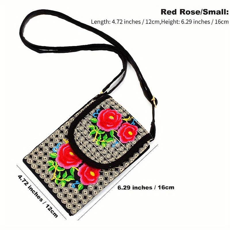 Zaino in tela con ricamo a forma di fiore di Inula con pietre Buddha Stones e rosa, borsa a tracolla