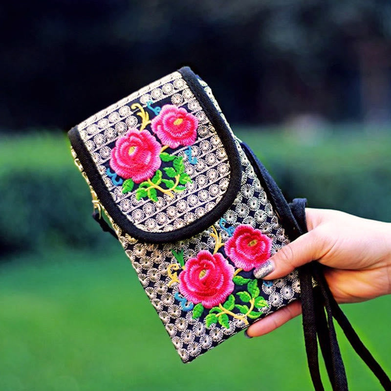 Zaino in tela con ricamo a forma di fiore di Inula con pietre Buddha Stones e rosa, borsa a tracolla