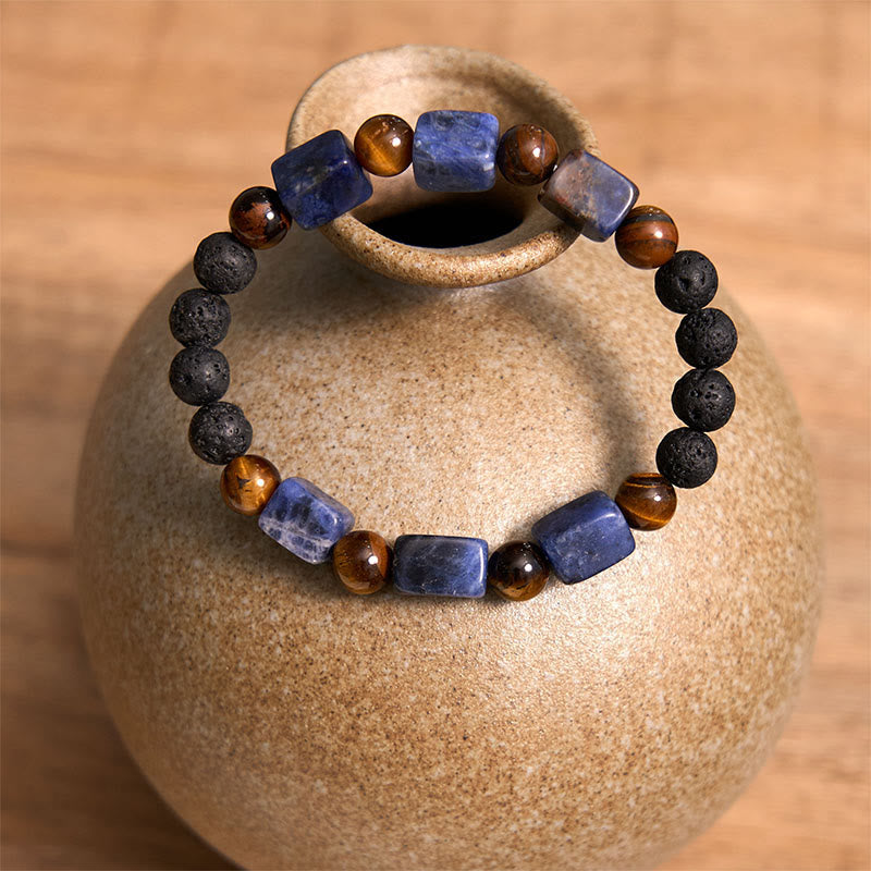 Braccialetto di supporto in pietra lavica con vari cristalli Buddha Stones