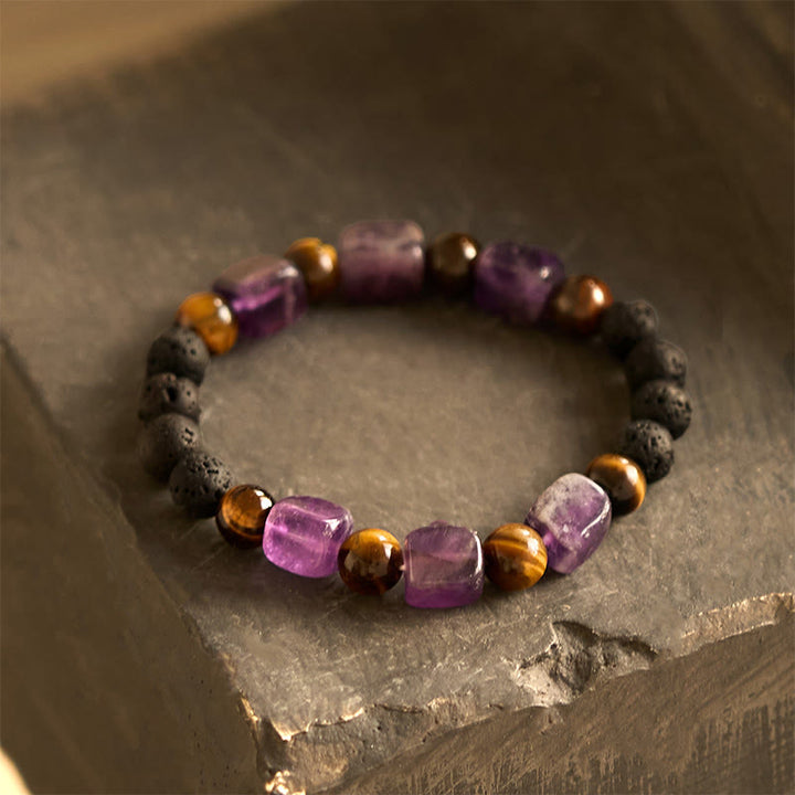 Braccialetto di supporto in pietra lavica con vari cristalli Buddha Stones