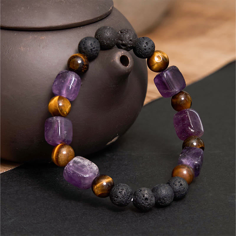 Braccialetto di supporto in pietra lavica con vari cristalli Buddha Stones