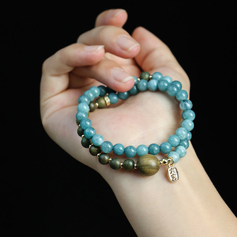 Braccialetto di equilibrio emozionale a doppio giro Buddha Stones Calcedonio blu Sandalo verde Foglia piccola Sandalo rosso