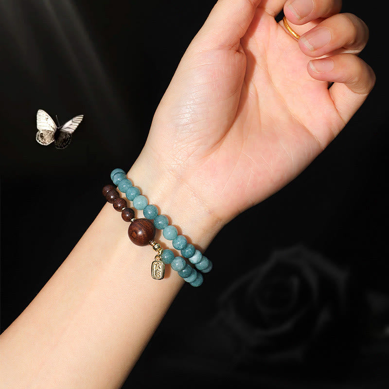 Braccialetto di equilibrio emozionale a doppio giro Buddha Stones Calcedonio blu Sandalo verde Foglia piccola Sandalo rosso