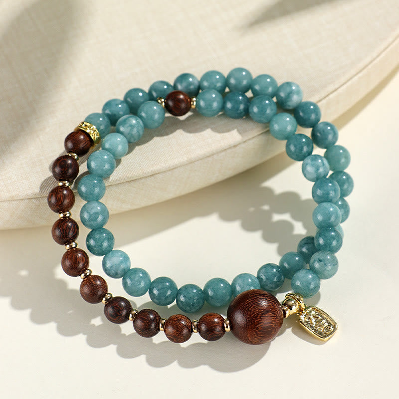 Braccialetto di equilibrio emozionale a doppio giro Buddha Stones Calcedonio blu Sandalo verde Foglia piccola Sandalo rosso