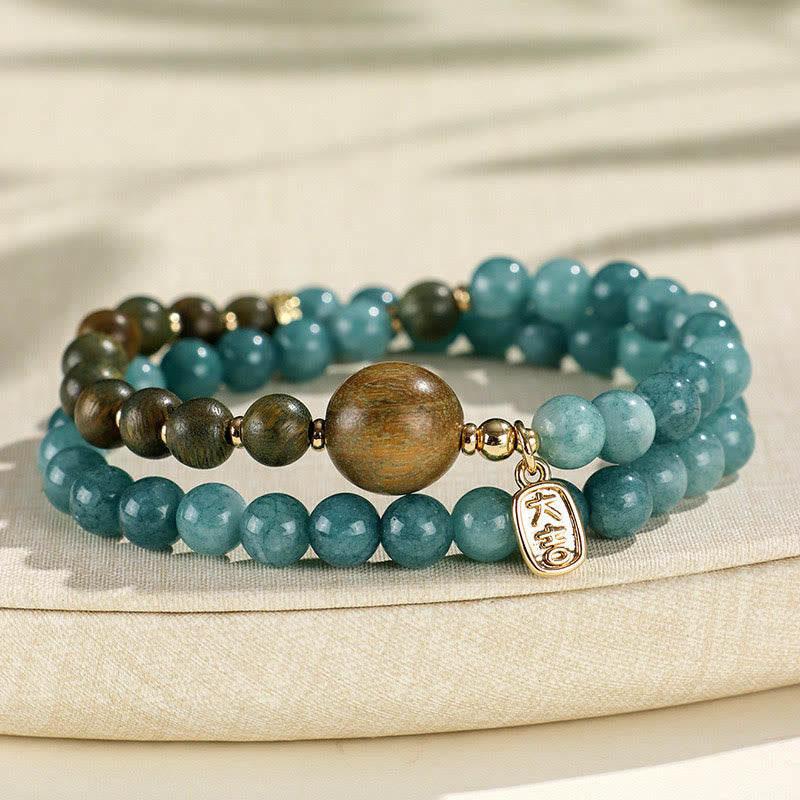 Braccialetto di equilibrio emozionale a doppio giro Buddha Stones Calcedonio blu Sandalo verde Foglia piccola Sandalo rosso