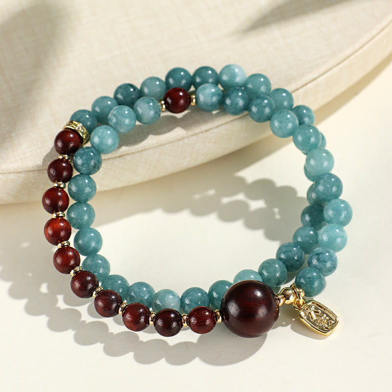 Braccialetto di equilibrio emozionale a doppio giro Buddha Stones Calcedonio blu Sandalo verde Foglia piccola Sandalo rosso