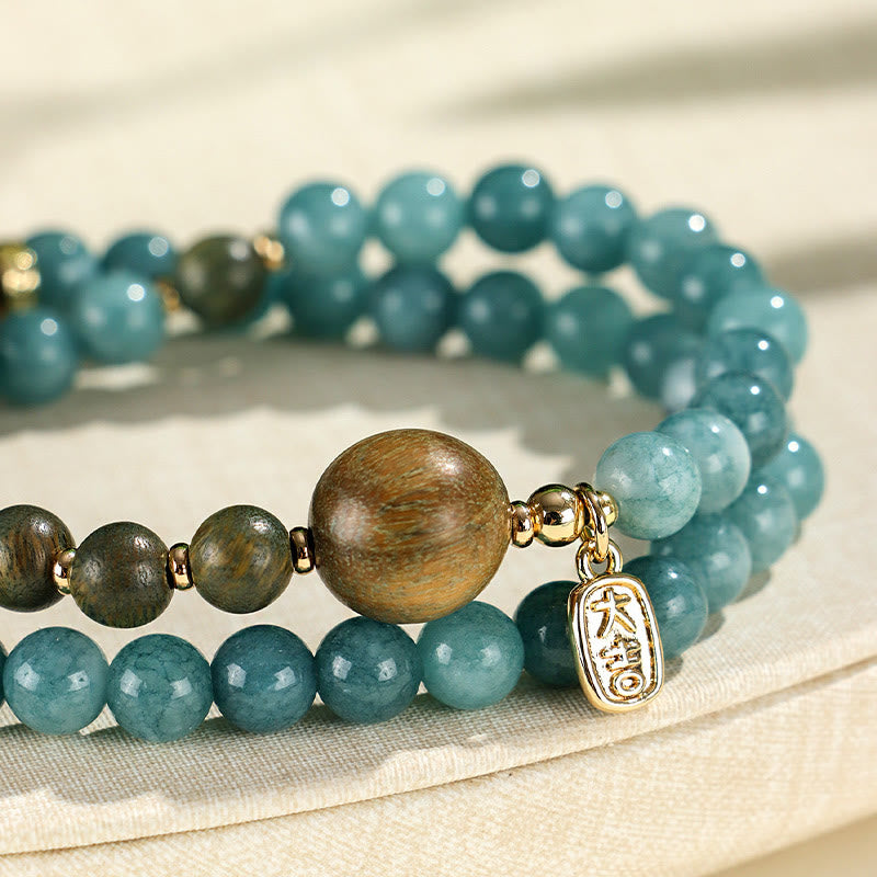 Braccialetto di equilibrio emozionale a doppio giro Buddha Stones Calcedonio blu Sandalo verde Foglia piccola Sandalo rosso