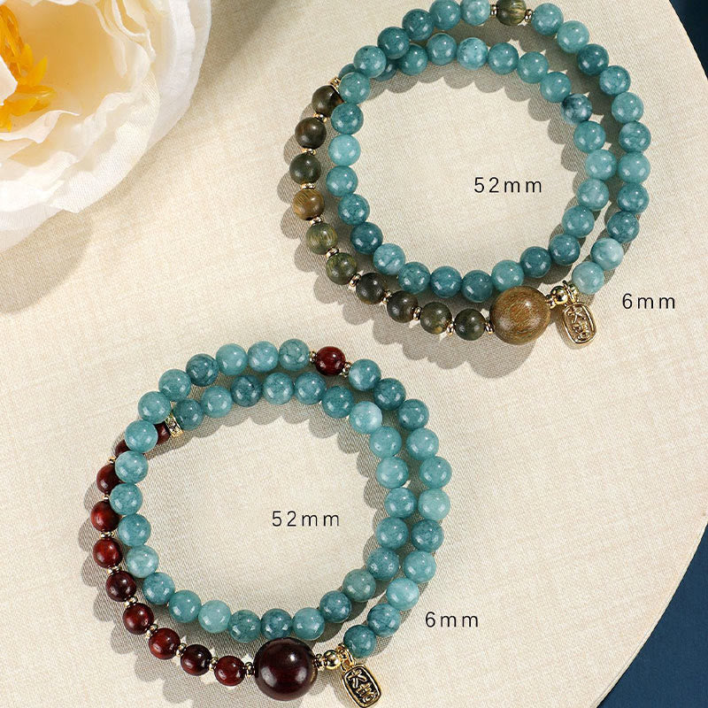 Braccialetto di equilibrio emozionale a doppio giro Buddha Stones Calcedonio blu Sandalo verde Foglia piccola Sandalo rosso