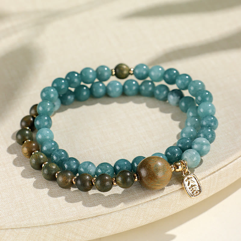 Braccialetto di equilibrio emozionale a doppio giro Buddha Stones Calcedonio blu Sandalo verde Foglia piccola Sandalo rosso