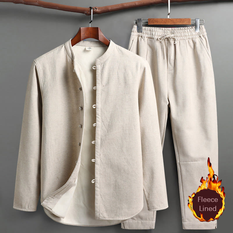 Buddha Stones Solid Tang Suit Tradizionale Uniforme Foderata in Pile Manica Lunga Top Pantaloni Set Uomo - Biancheria - Top e pantaloni - US/UK/AU46, EU56 (5XL) - image 0