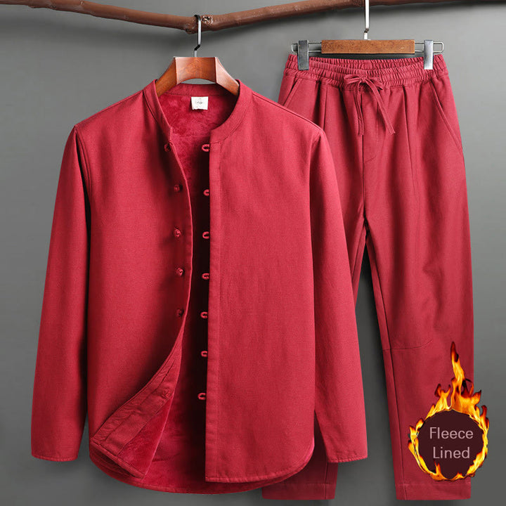 Buddha Stones Solid Tang Suit Tradizionale Uniforme Foderata in Pile Manica Lunga Top Pantaloni Set Uomo - Rosso - Top e pantaloni - US/UK/AU46, EU56 (5XL) - image 19