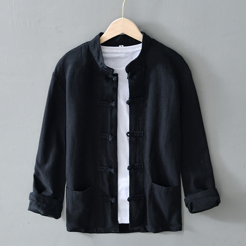 Abito cinese Tang con bottoni a forma di rana e motivo Buddha Stones, camicia da uomo in cotone e lino con tasche. - Nero - US/UK/AU50, EU60 (5XL) - image 13